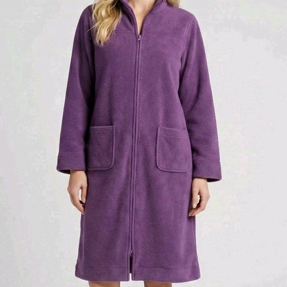 LL Bean Womens Petite Medium Purple Fleece Full Zip Long Robe Housecoat Full Zip